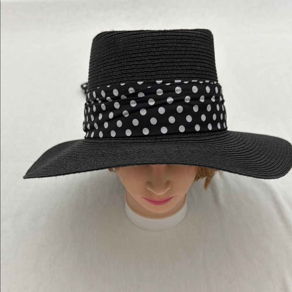 Dark blue Women's Sun Hat with blue and white polka dot ribbon (mlb)